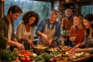 Sur cette image on voit des personnes entrain de cuisiner tous ensemble avec de la pluie dehors