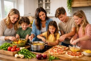 Cette image met en scène des Mamans cuisinant avec leurs enfants à l'occasion de la fête des mères