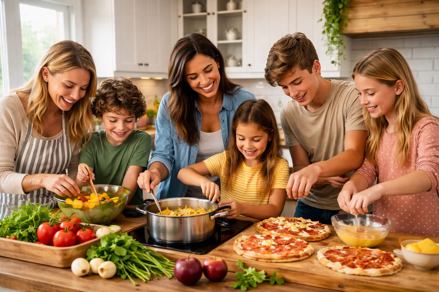 Cette image met en scène des Mamans cuisinant avec leurs enfants à l'occasion de la fête des mères